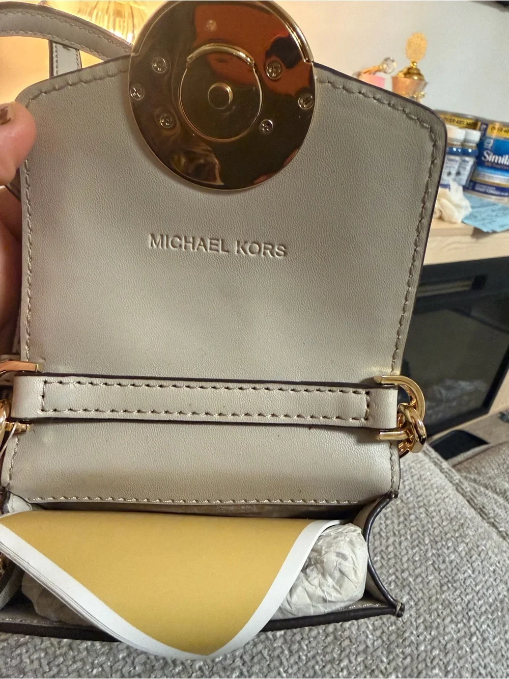 Michael Kors Cream and Beige MK Logo Crossbody Phone Bag